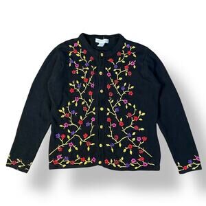 Arriviste Black Beaded‎ Embroidered Floral Button-Up Cardigan Size M